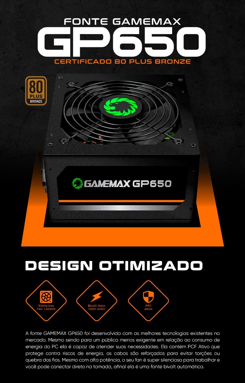 Fonte Gamemax Gm600 Preta 80plus Bronze 600w Preto 110v/220v