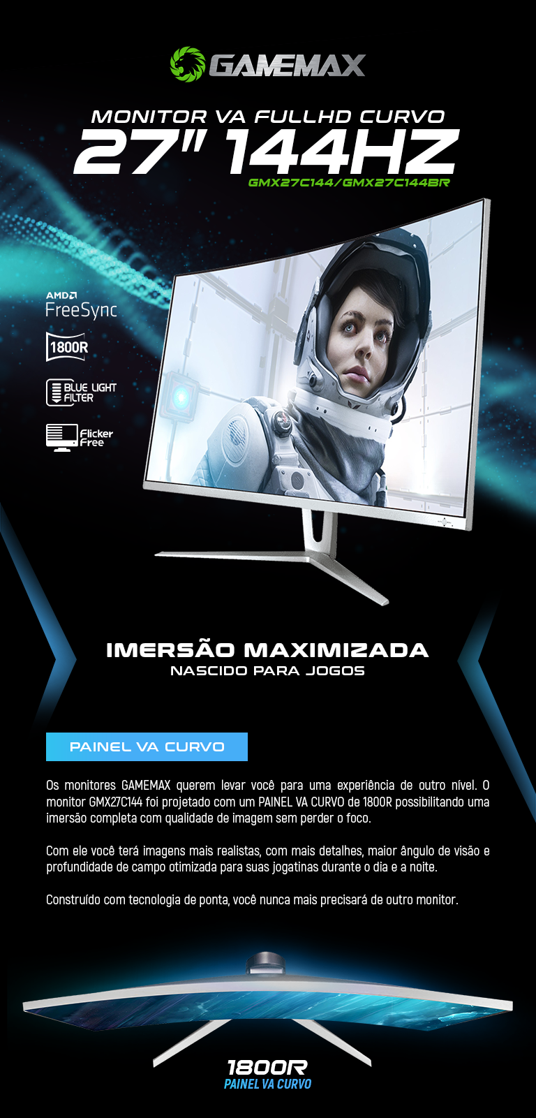 Gamemax - Monitor Gamemax 27 Preto Curvo 144Hz 1080p 1ms